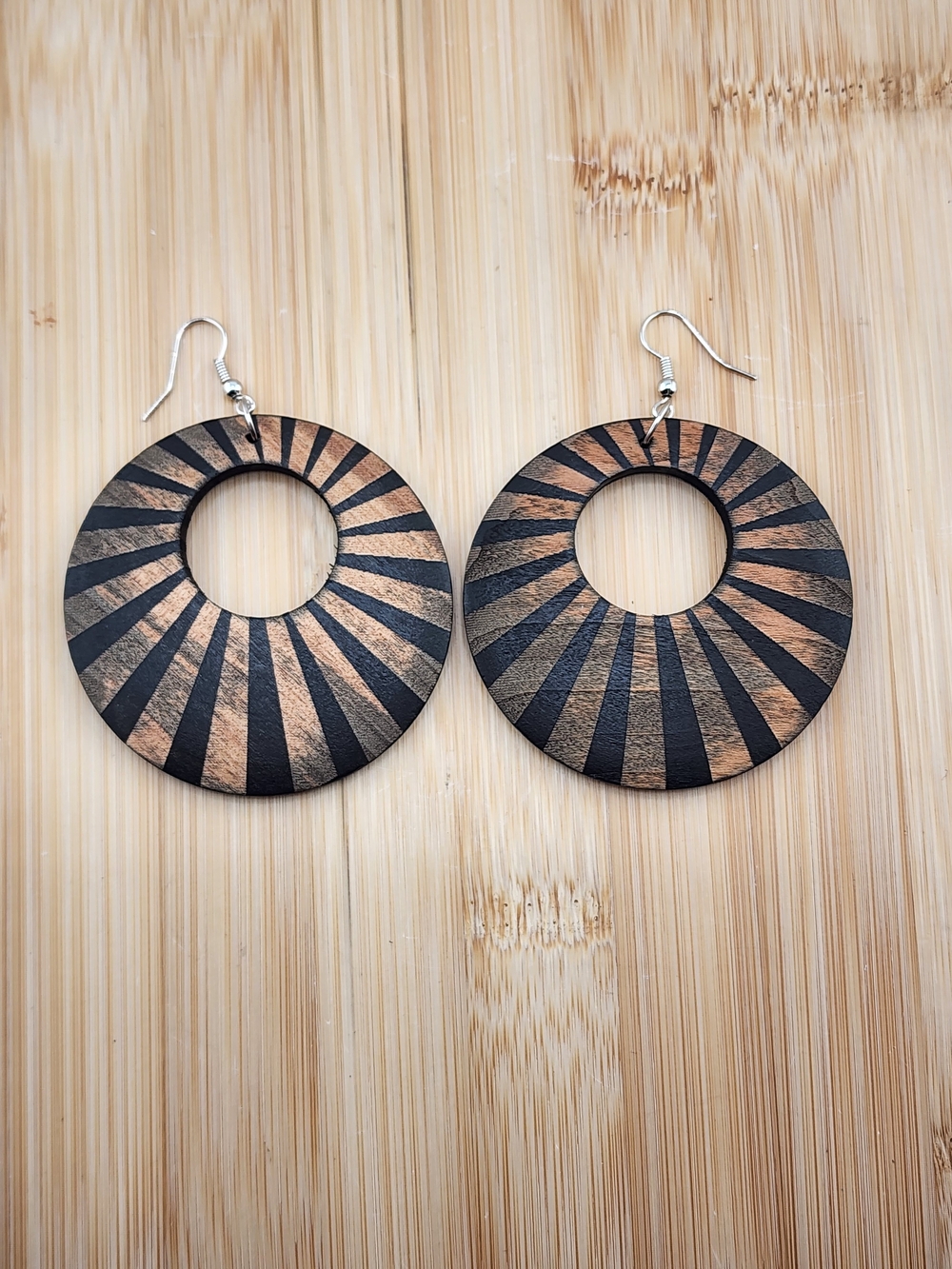 Wood Copper & Black Sunburst Round Drop Earrings 0631